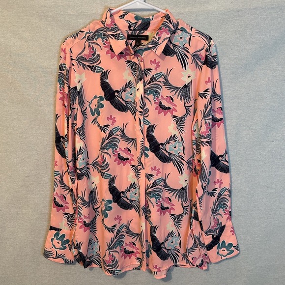 Banana Republic Womens Bright Pink Floral Blouse Large Tropical Lightweight Chic - Picture 9 of 9
